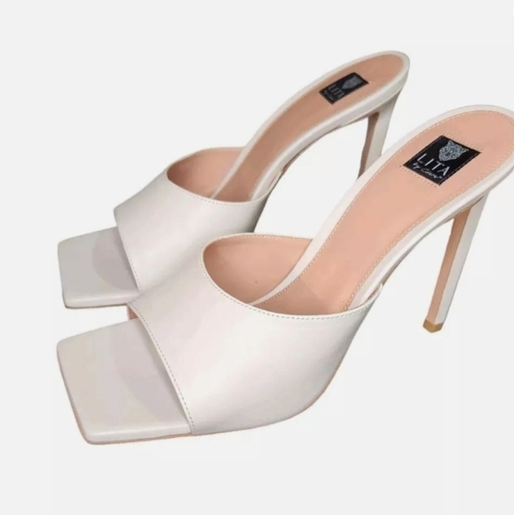 LITA By CIARA Solid Square Toe Slide Sandals in Cream Leather NIB - Picture 5 of 12